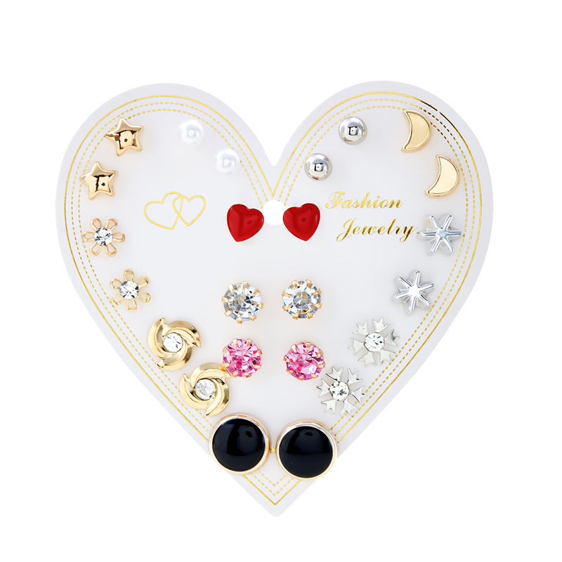 Wholesale month combination earrings 12 pairs of flowers love stars and moon diamond  earrings suit