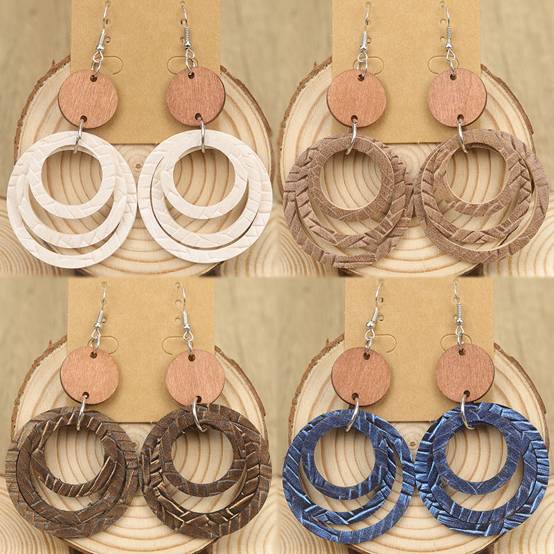 Wholesale Bohemian Style Multi-Layered Leather Ring Retro Splicing Small Wood  Earrings