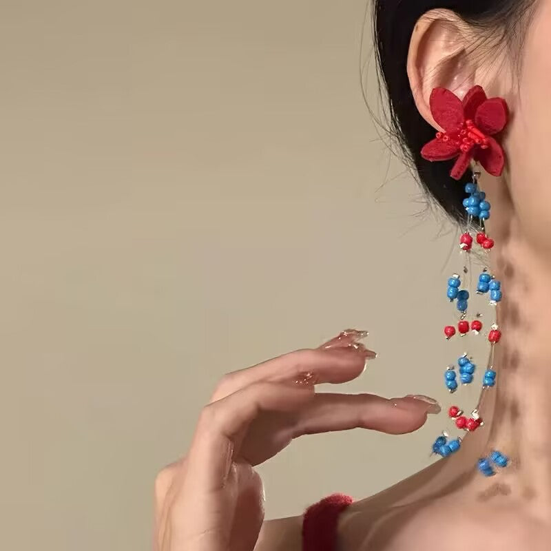 Wholesale Retro contrast color flower beaded long tassel earrings