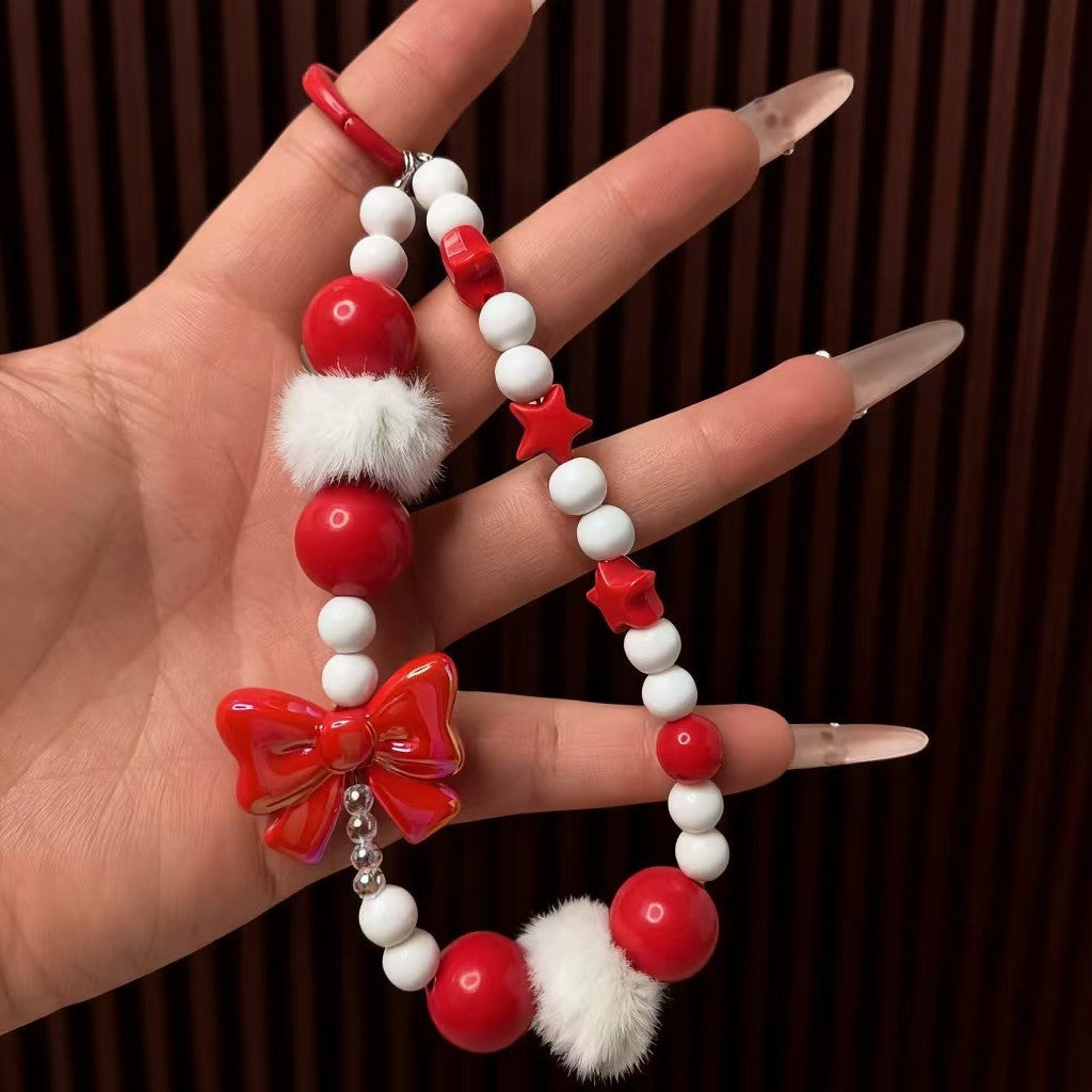 Wholesale Acrylic Christmas Red Bow Beaded Keychain,  Cute Bag Charm with Tassel,  Trendy Phone Accessory for Everyday Use