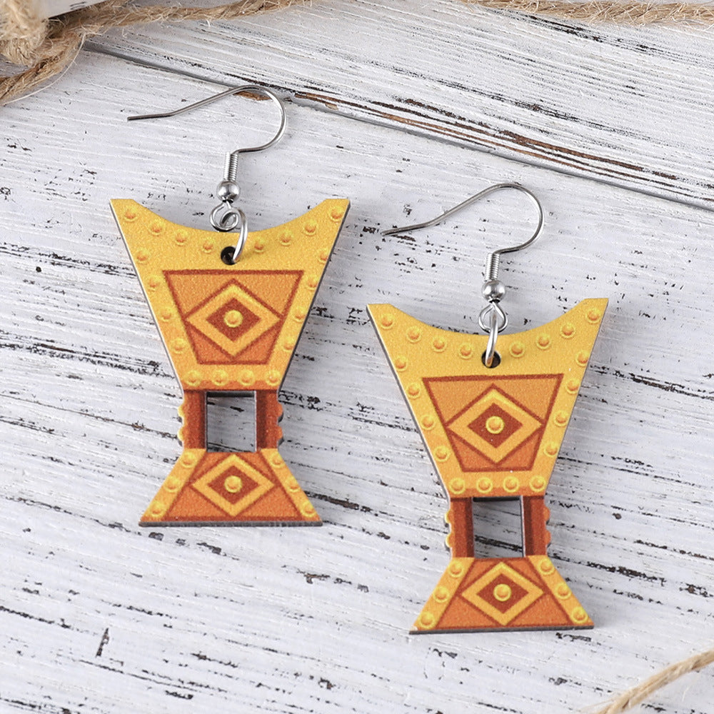 Wholesale Retro Girls Lantern Blue Oil Lamp Wooden Double Sided Earrings ACC-ES-ChuLian006