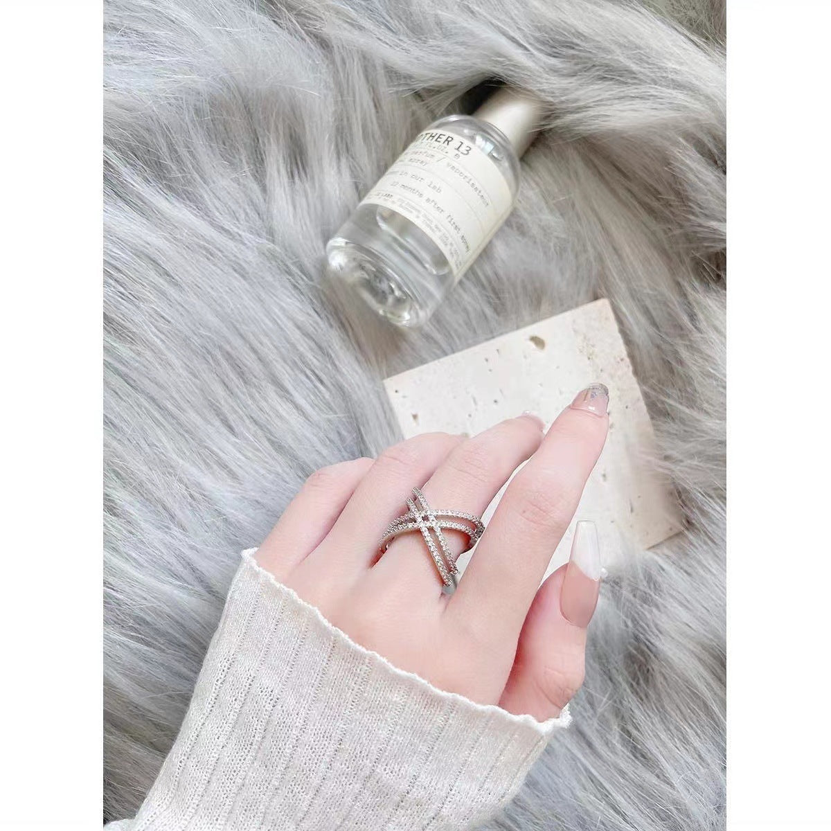 Wholesale Silver Diamond Zircon Cross Light Luxury Adjustable Ring