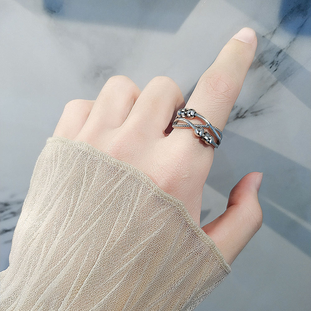 Wholesale  S925 sterling silver double-layer staggered anti-compression bead rotatable ring