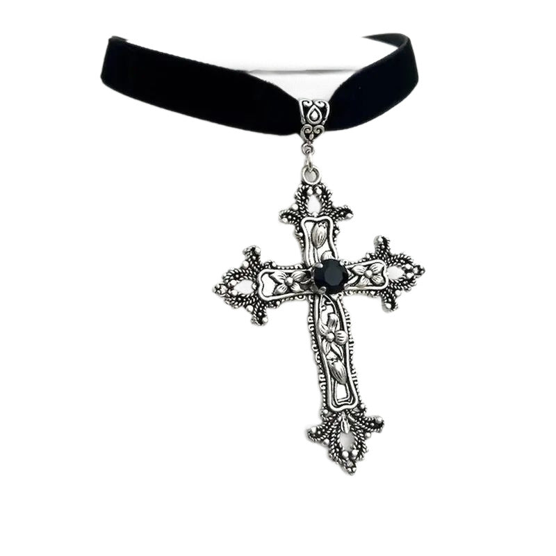 Wholesale Gothic Retro Cross Pendant Necklace Black Velvet Choker Unisex Fashion Accessory for Boutique Resale