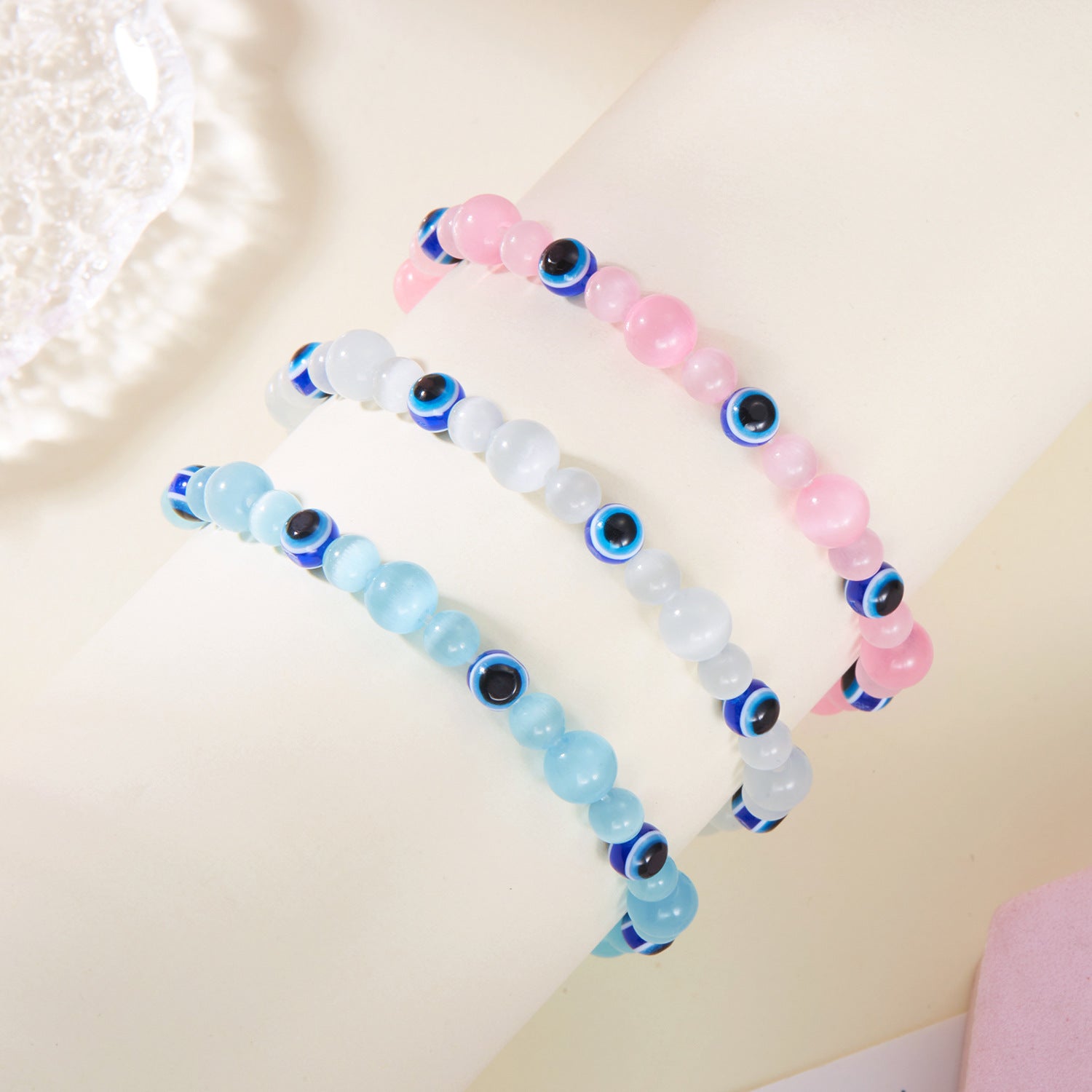 Wholesale Pink White Cat's Eye Handmade Beaded Blue Devil's Eye Bracelet
