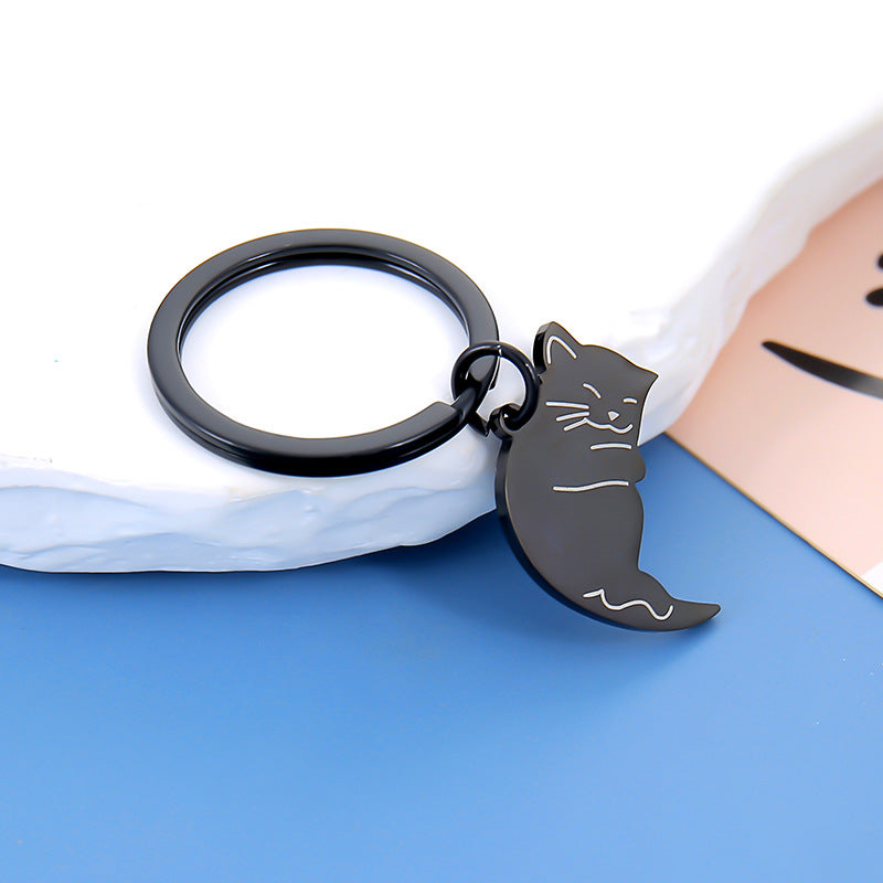 Wholesale Titanium Steel Black and White Cat Keychain