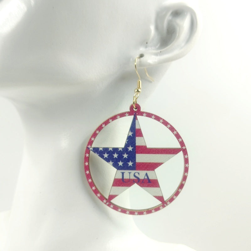 Wholesale American Independence Day Sunflower Heart Print Wood Earrings ACC-ES-Yinx004