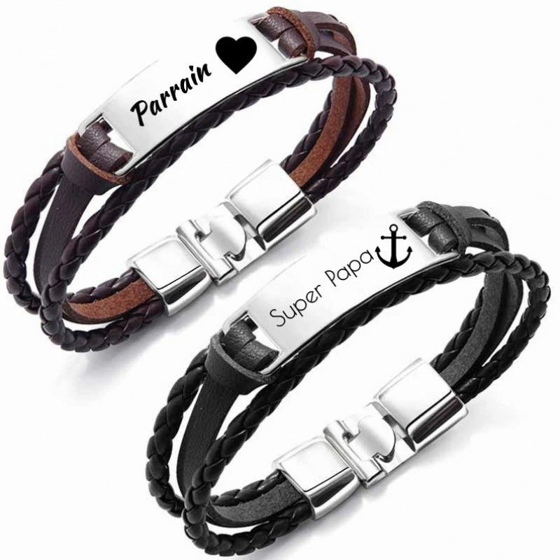 Wholesale Leather Steel Plate Bracelet,  Black Woven Steel Plate with Engraved Text,  Stainless Steel Tongue Clasp Leather Bracelet,  Three-Layer Leather Steel Plate Bracelet