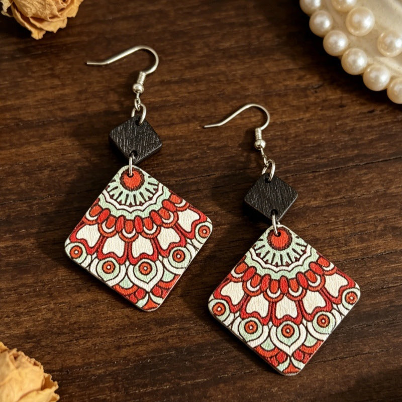 Wholesale Retro Mandala Diamond-Shaped Wood Earrings,  Ethnic Color-Blocking Design - Trendy Jewelry Accessory for Party or Boutique