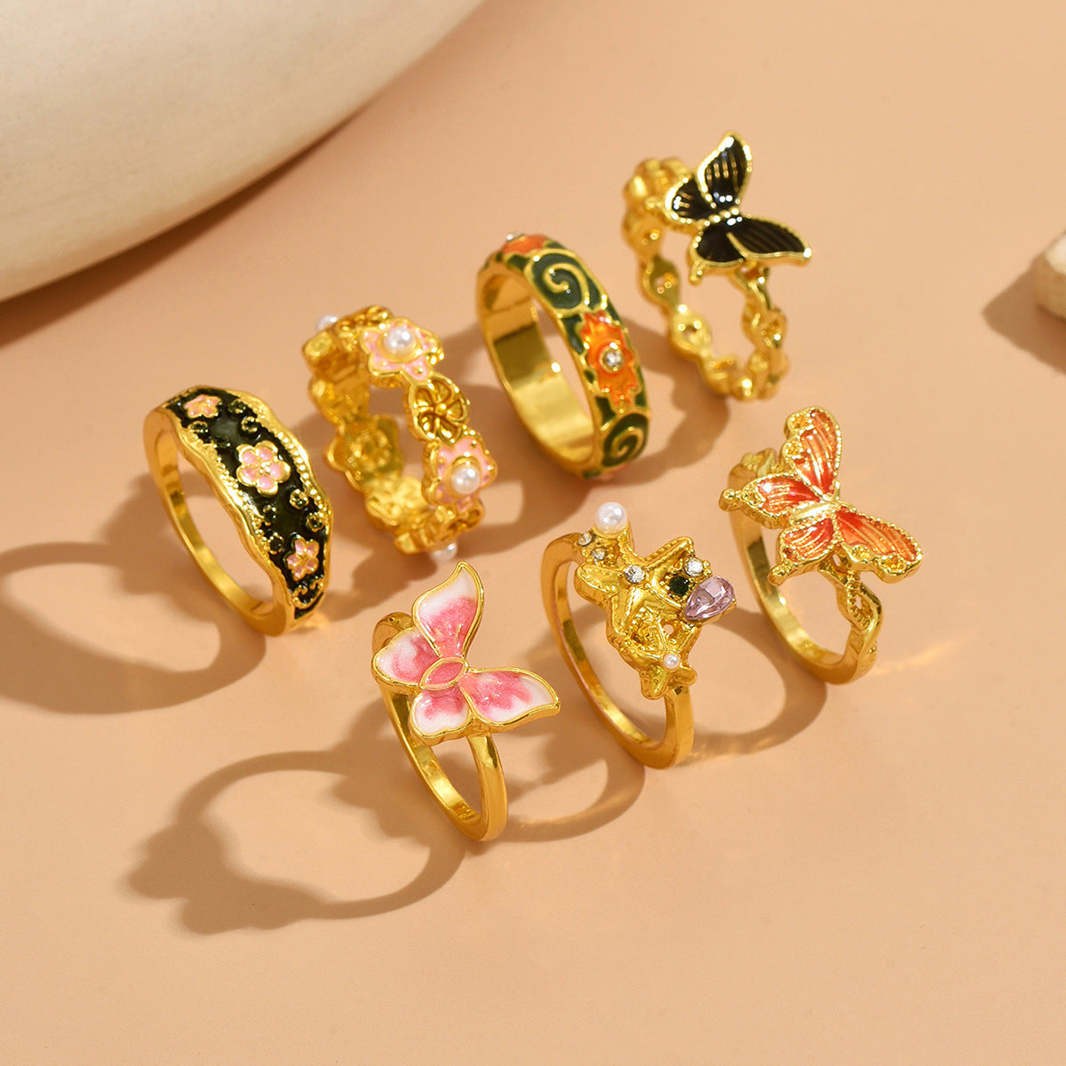 Wholesale Vintage Butterfly Flower Drip Oil Ring - Chic Jewelry Accessory for Everyday Wear