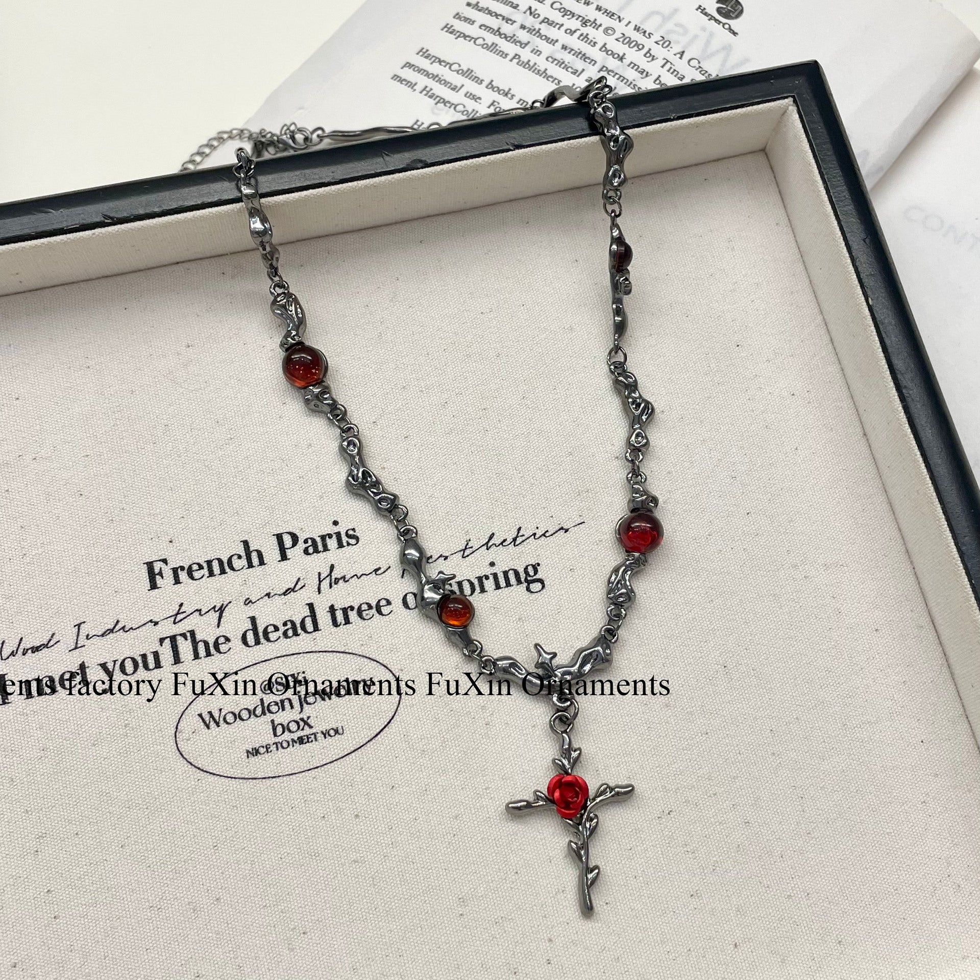 Wholesale  Chain Cross Red Flower Necklace