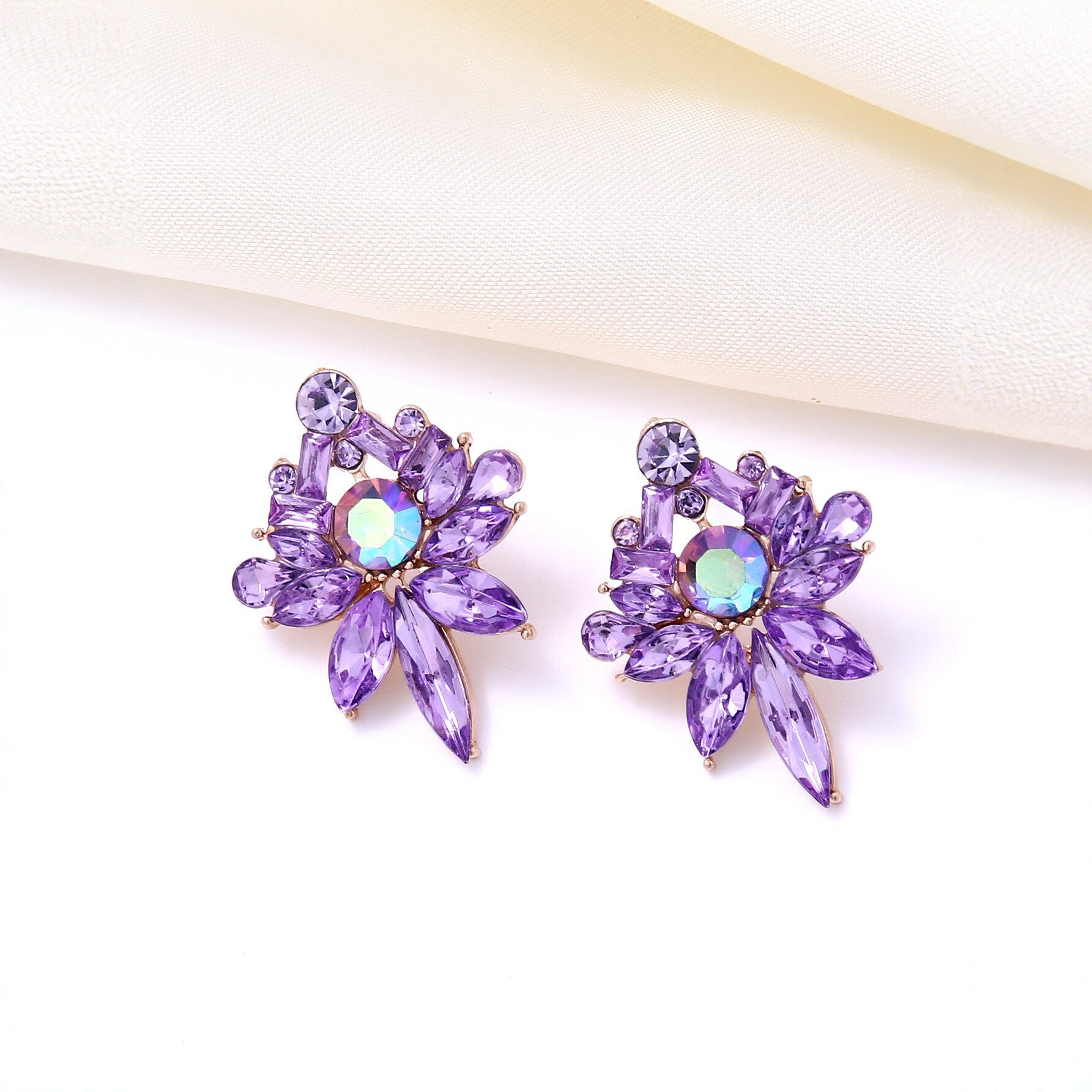 Wholesale European and American Style Colorful Flower Earrings,  Exaggerated Marquise Zircon Earrings,  Niche Design Light Luxury Ear Accessories