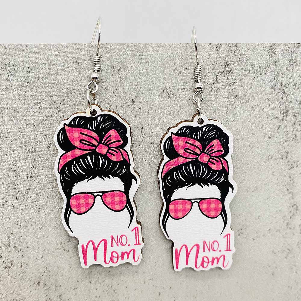 Wholesale Mother's Day Earrings Letter MOMO Bear Wooden Earrings ACC-ES-Cheny013