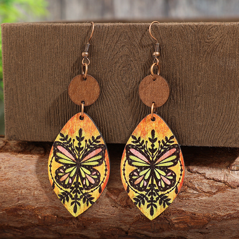 Wholesale Retro Bohemian Butterfly Print Wooden Earrings Fashion Jewelry Accessory