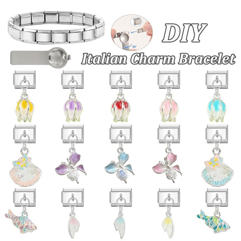 Wholesale 9mm Italian Charm Starter Bracelets DIY flower fish Single Section Creative Stainless Steel Composable Bracelet