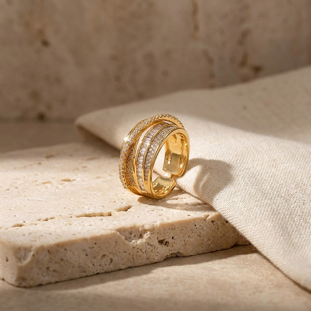 Wholesale Trendy Interlocking Star Orbit Full Pave CZ Ring,  Copper Electroplated Women' s Everyday Wear