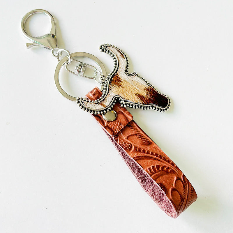 Wholesale 2pcs/ pack Leather Western Style Bull Head Leopard Print Cow Print Keychain