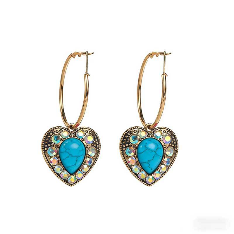 Wholesale Bohemian Heart-Shaped Turquoise Earrings with Diamond-Like Accents - Trendy Everyday Jewelry Accessory