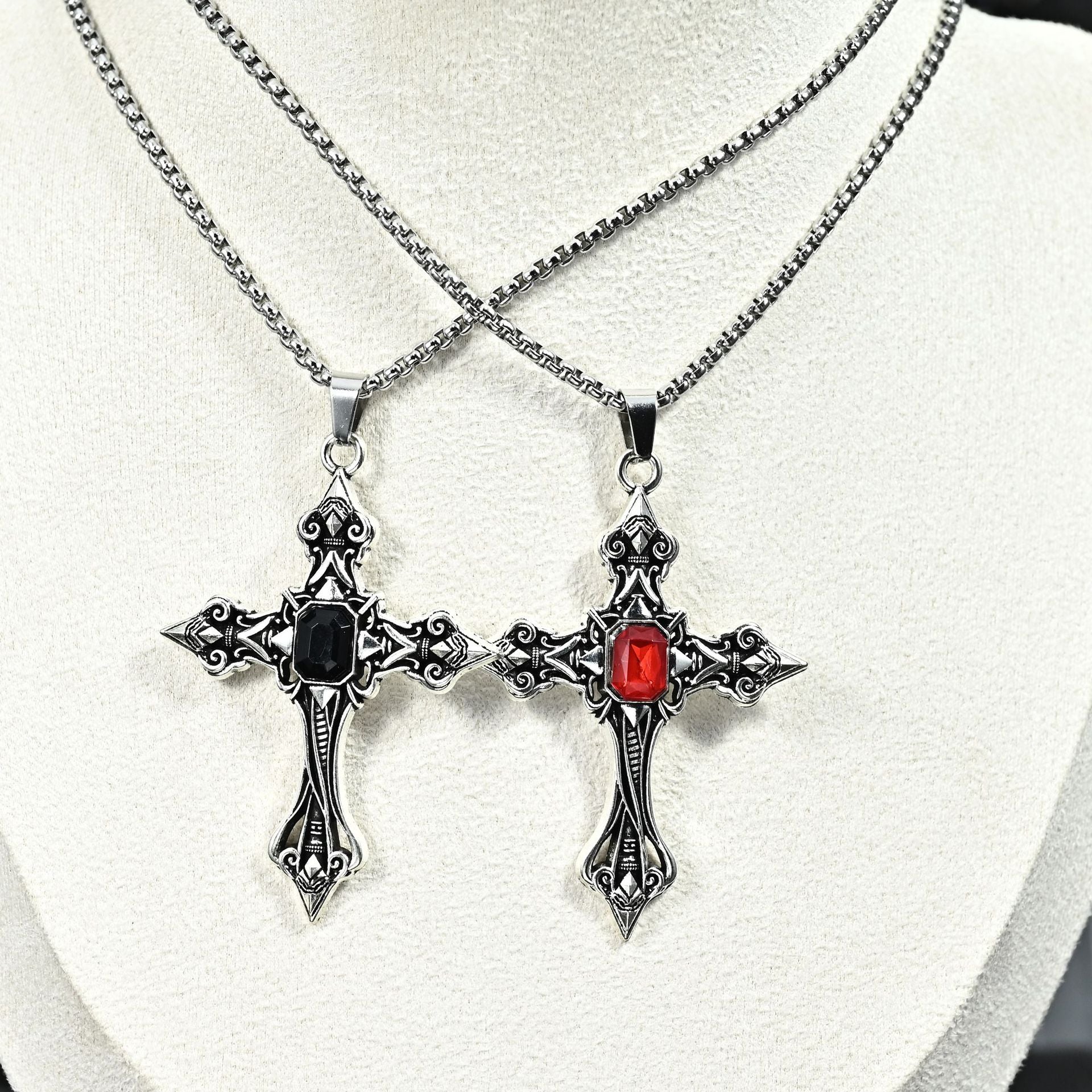 Wholesale Gothic Dark Red Gemstone Cross Black Velvet Choker Necklace Fashion Accessory