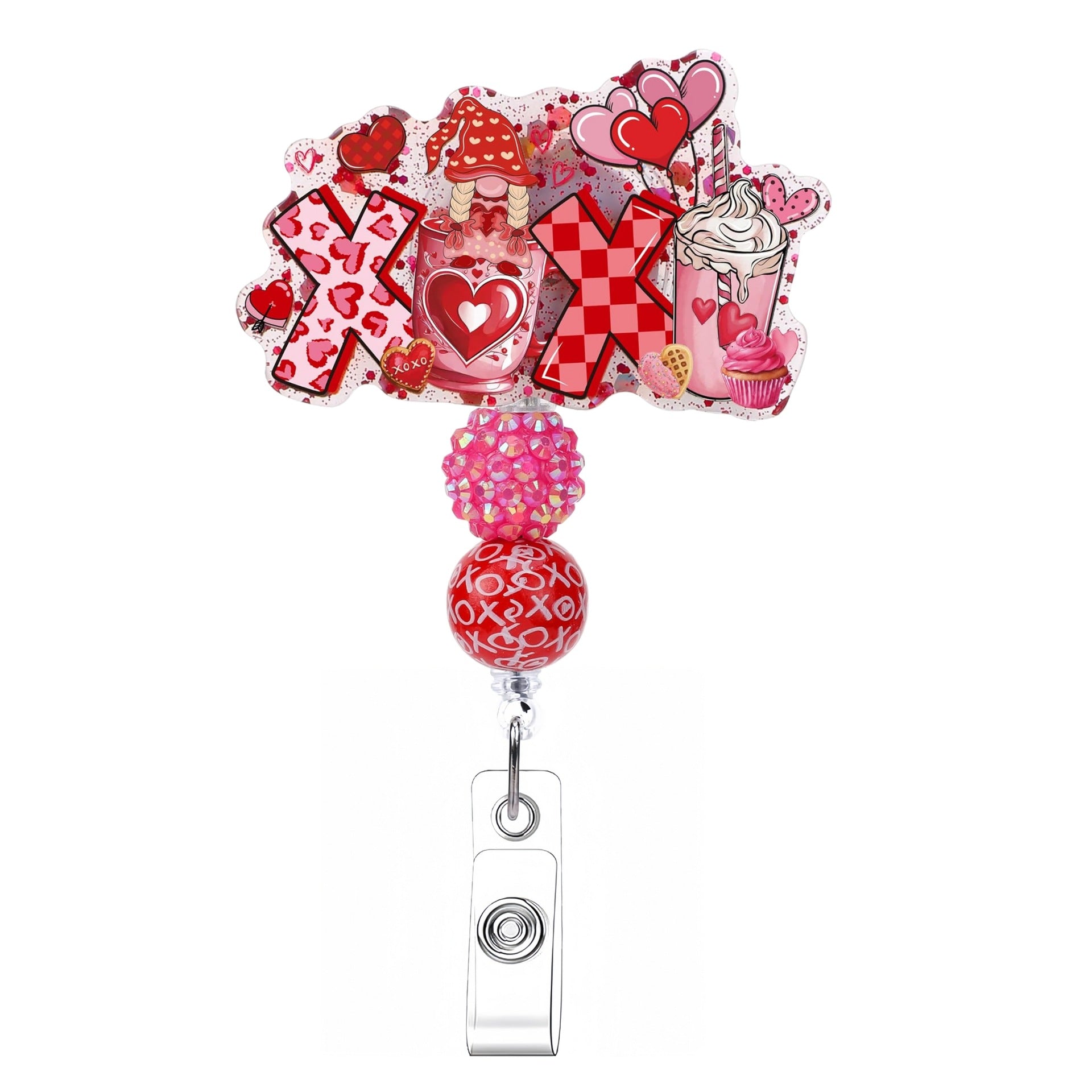 Wholesale  Pink Beaded Valentine' s Day Retractable Badge Reels,