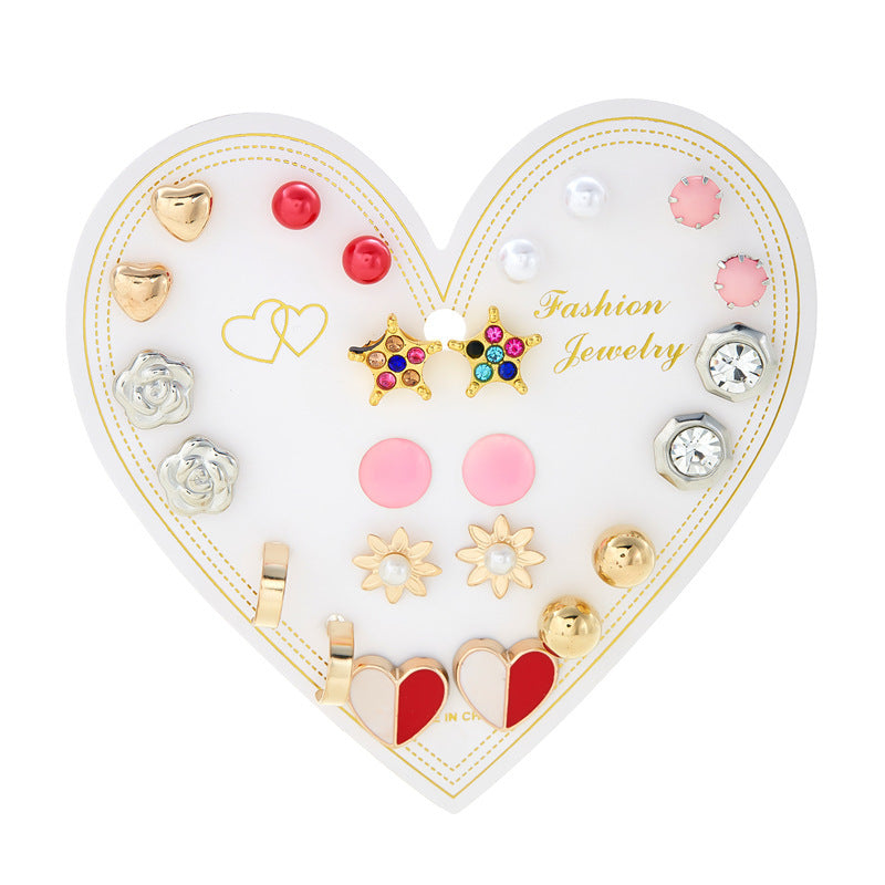 Wholesale month combination earrings 12 pairs of flowers love stars and moon diamond  earrings suit