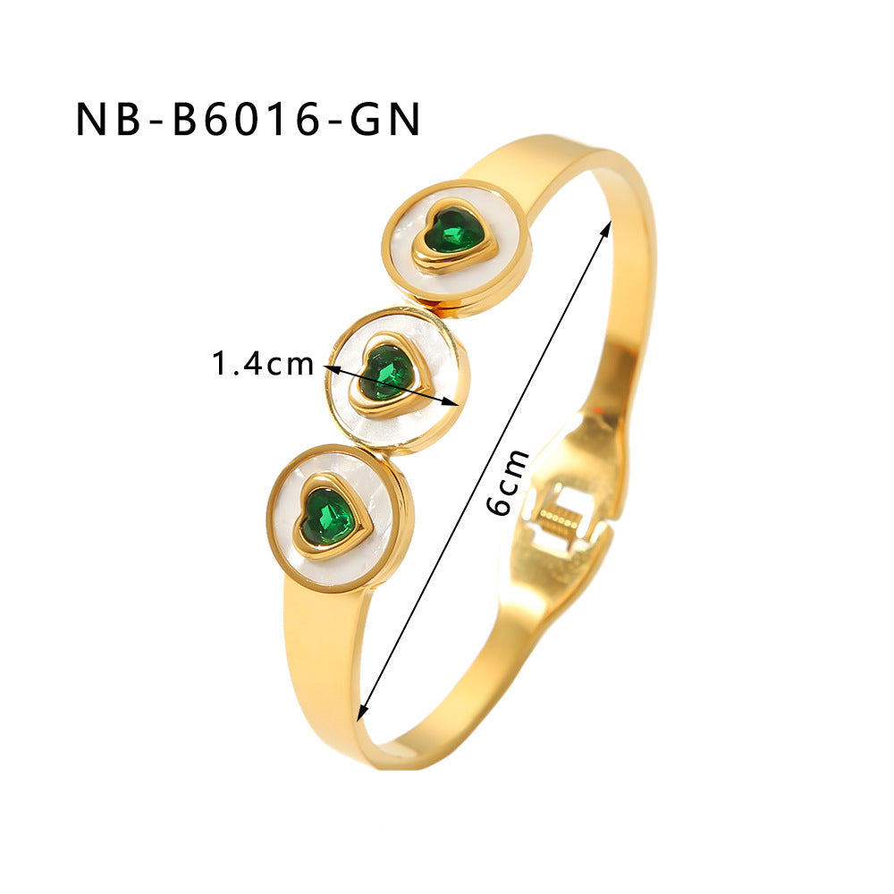 Wholesale stainless steel heart-shaped colorful zircon inlaid white sea shell 18K gold bracelet