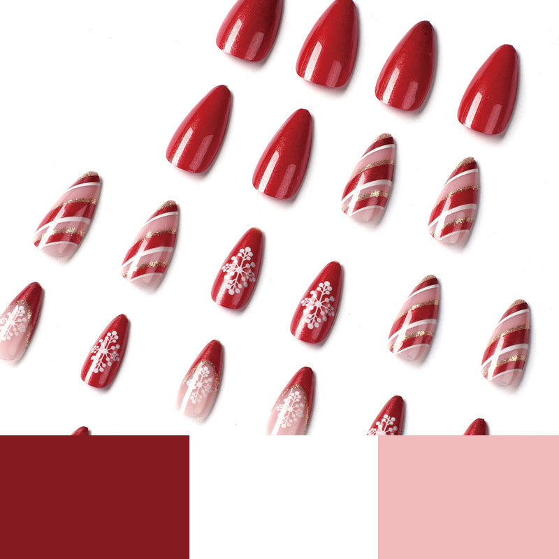 Wholesale 24 Pieces/box Christmas Red Edge White Snowflake Press-on Nails Kits Nail Stickers ACC-NS-LeFan026