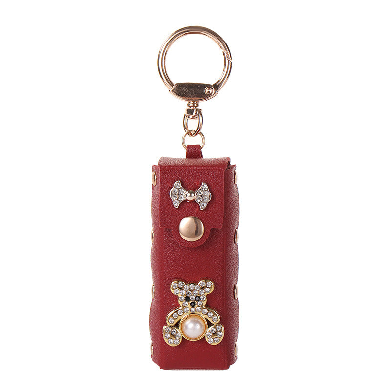 Wholesale Deep Red PU Leather Bear Lipstick Holder Keychain Bag Charm Fashion Accessory For Boutique Resale