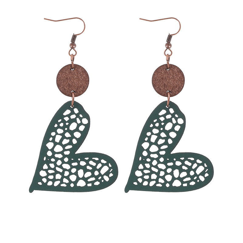 Wholesale Valentine's Day Love Wood Pieces Hollow Mesh Leather  Earrings
