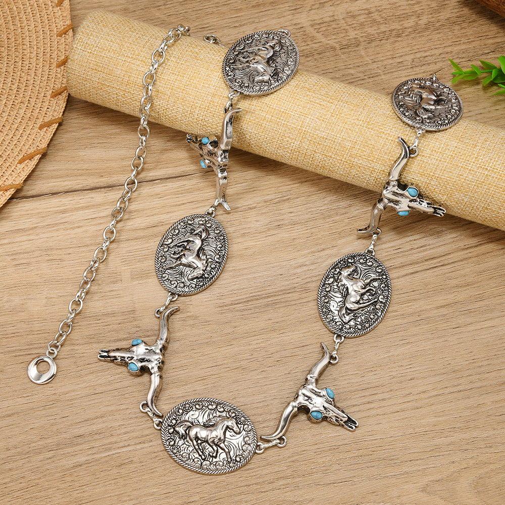 Wholesale Metal vintage Western-style bull head and horse waist chain