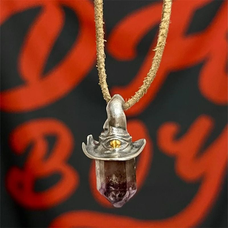 Wholesale  Retro Natural Amethyst Hexagonal Column Witch Hat Pendant Necklaces