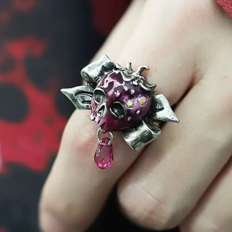 Wholesale Trendy Red Strawberry Skull Bow Rhinestone Ring Adjustable Alloy Electroplated Fashion Accessory for Party Gift