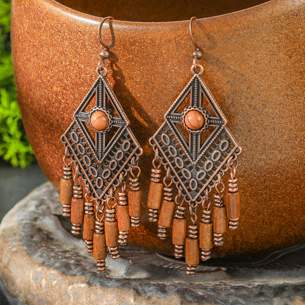 Wholesale Retro Ethnic Tassel Earrings Copper Handmade Beaded Women Fashion Accessory