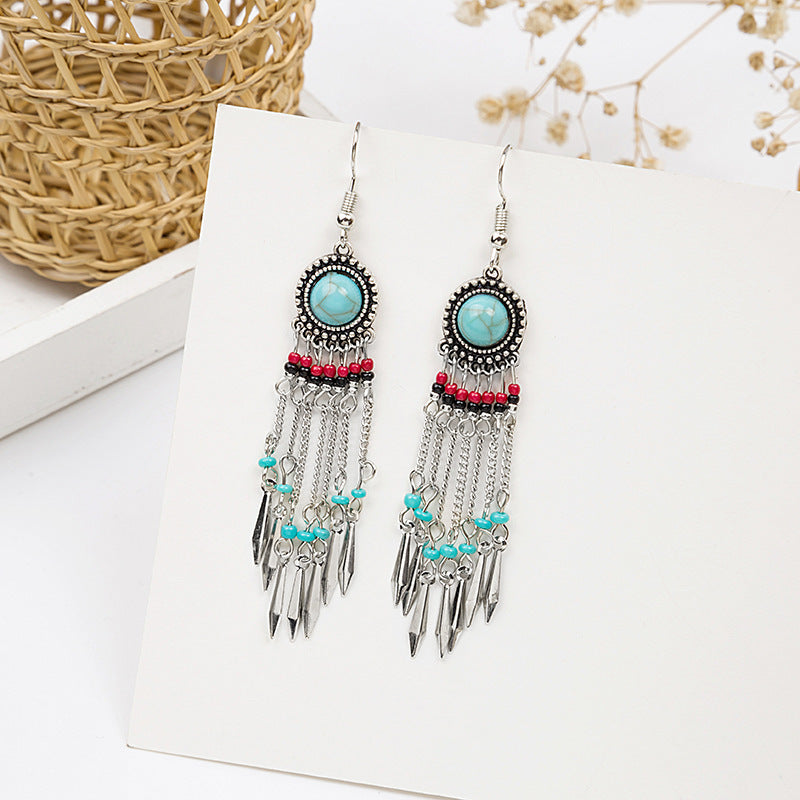 Wholesale Bohemian Owl Dream Catcher Feather Tassel Earrings Turquoise Geometric Carved Fashion Accessory Gift