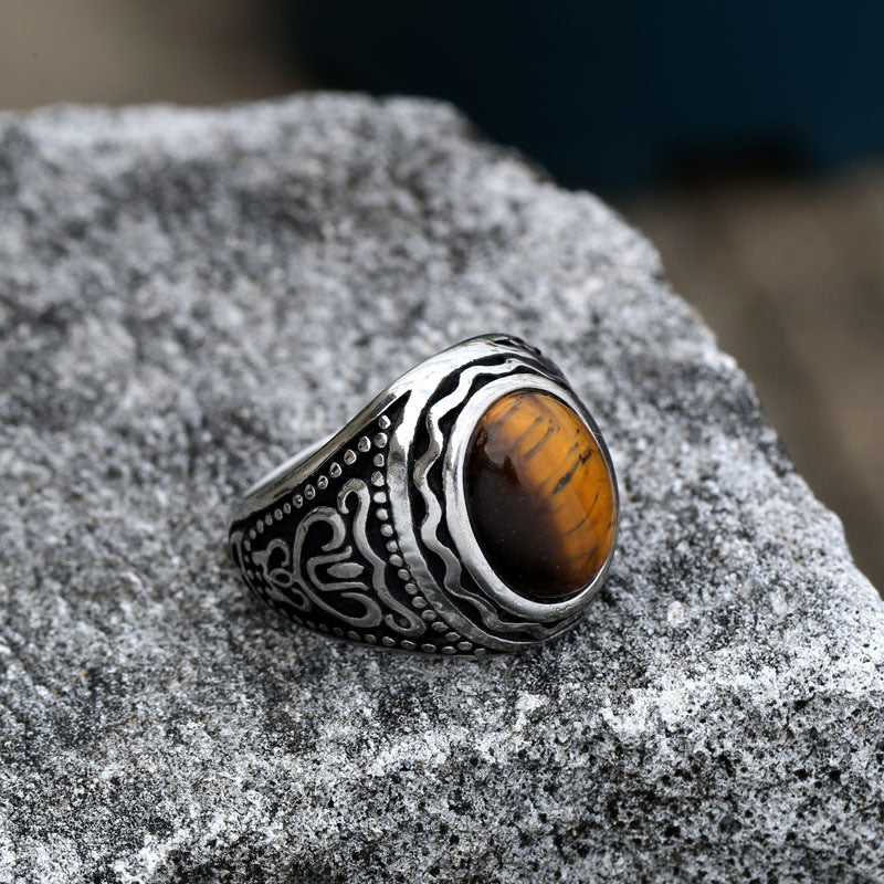 Wholesale Retro Titanium Steel Rings Vintage Inlaid Tiger Eye Stone Rings