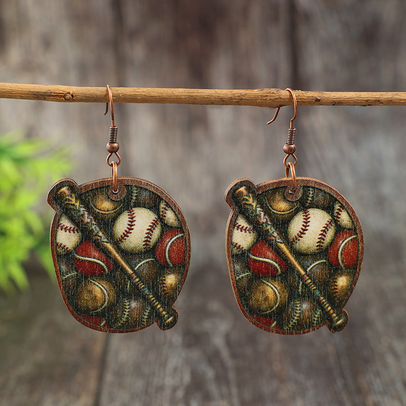 Wholesale Wooden Baseball Print Earrings Sports-Themed Fashion Accessory for Women