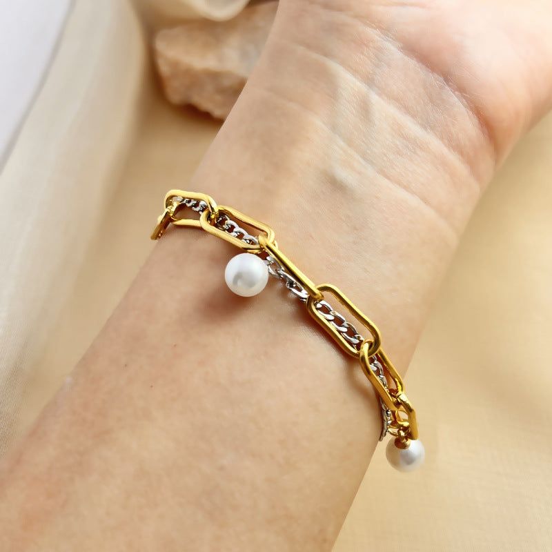 Wholesale Summer fashion pearl pendant thick chain multi-layer stainless steel bracelet