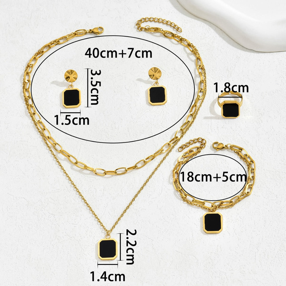 Wholesale Black Square Double Layer Ring Necklace Earring Set