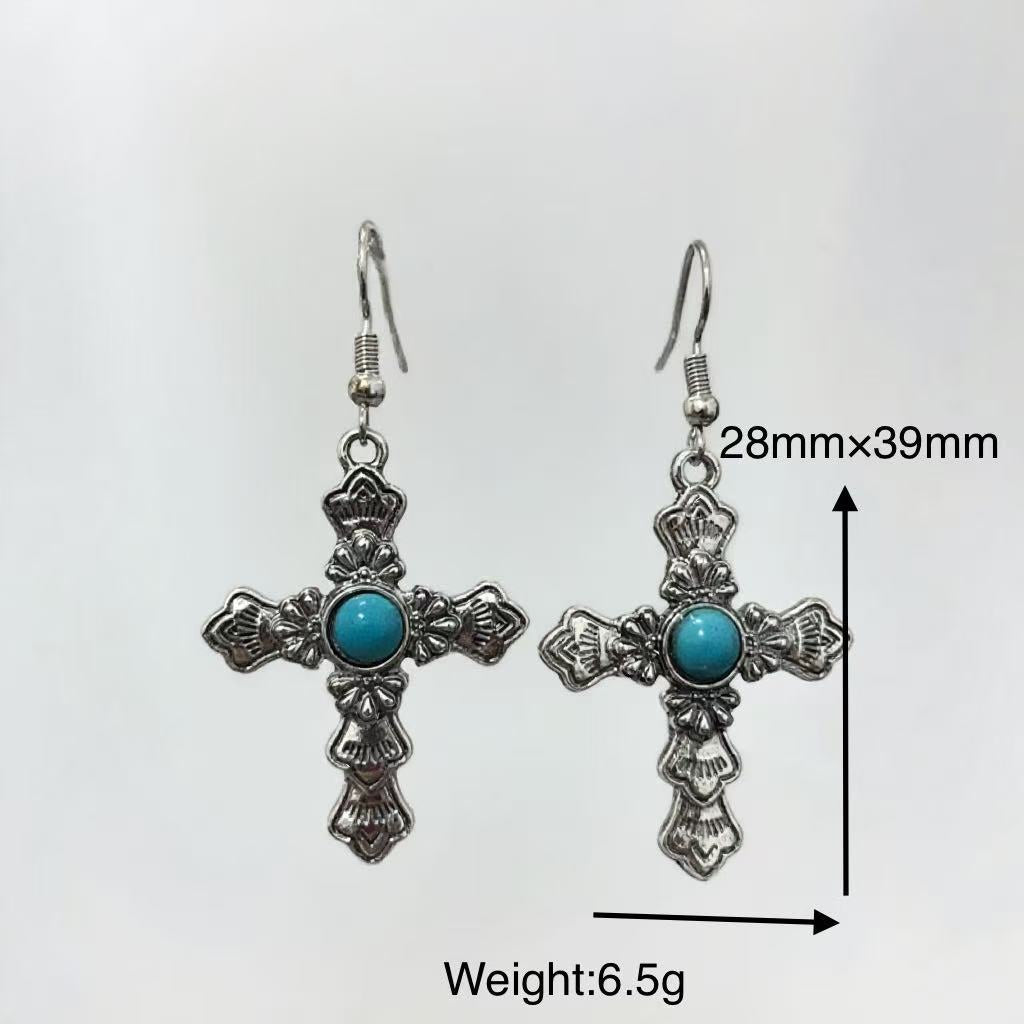 Wholesale Retro Cross Turquoise Rune Earrings Fashion Jewelry Accessory Gift