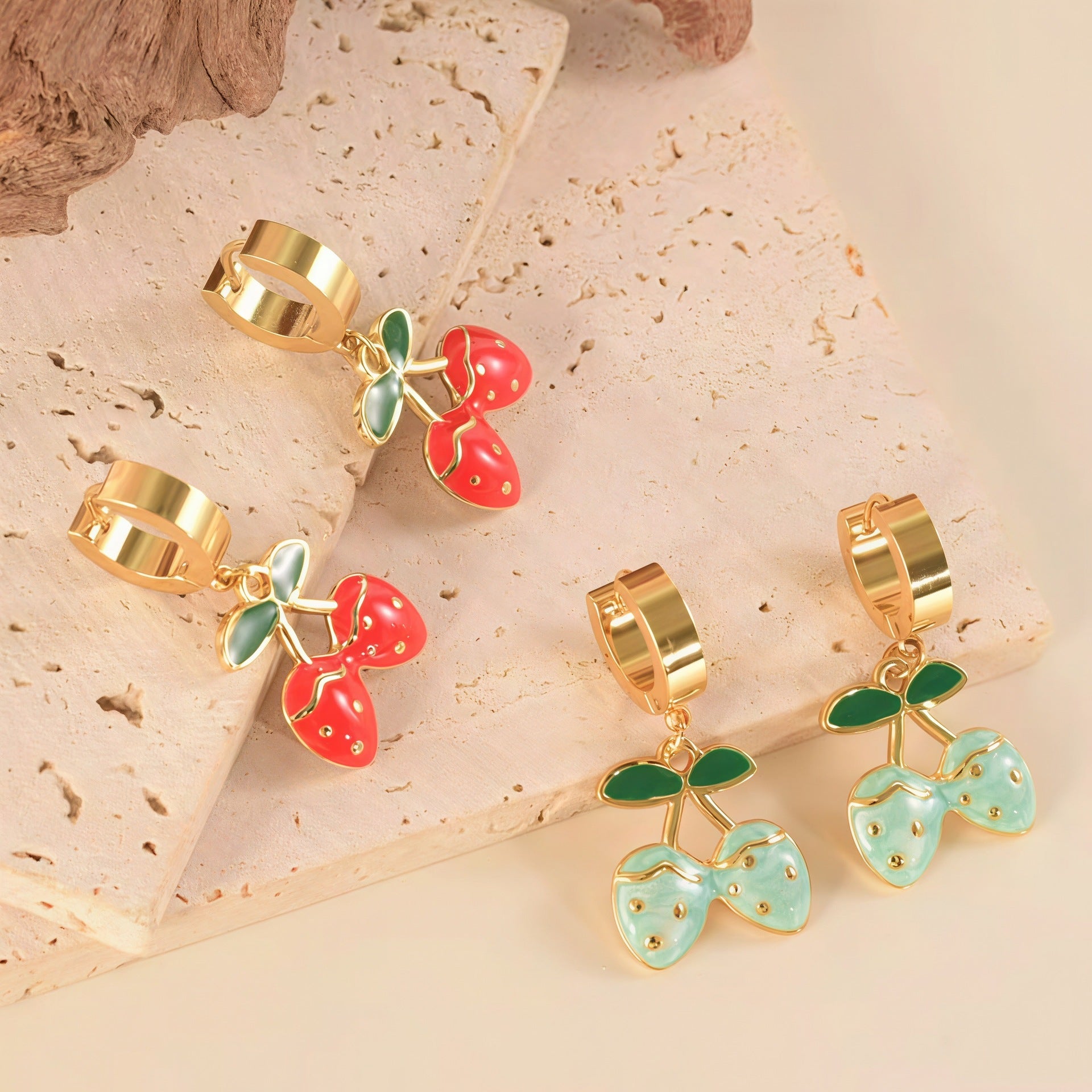 Wholesale Light Luxury Stainless Steel Sweet Enamel Strawberry  Cherry Hoop Earrings