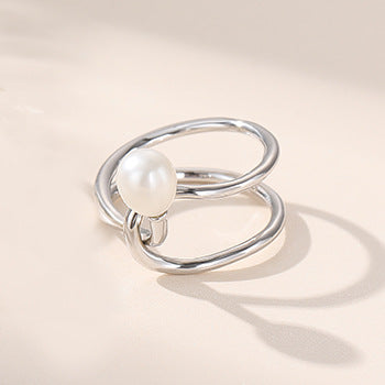 Wholesale S925 Silver Pearl Ring  Geometric Open Line Adjustable Rings