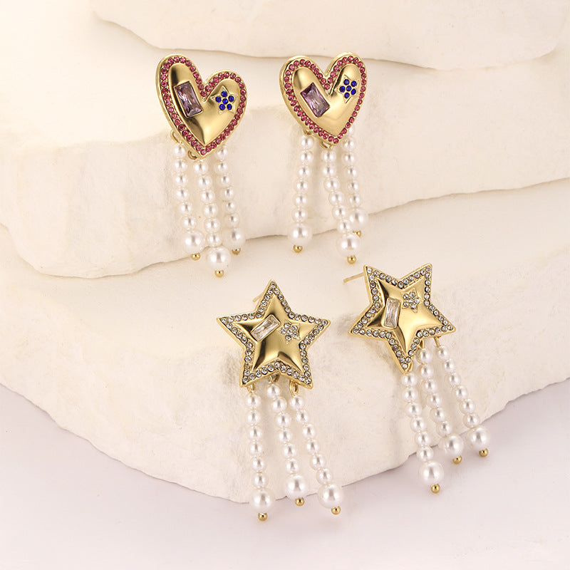 Wholesale Stainless steel five-pointed star love inlaid zircon earrings