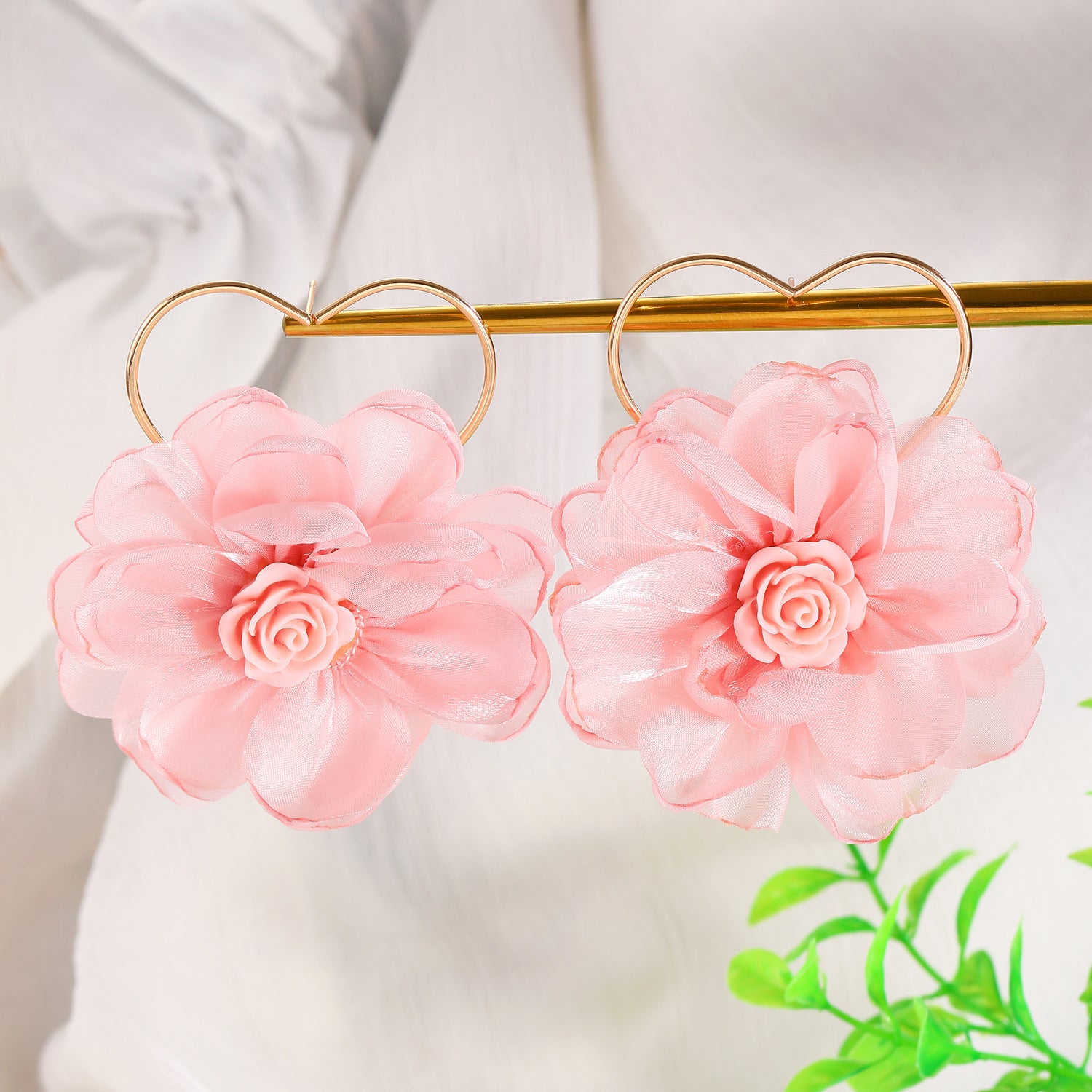Wholesale Fabric Gauze Flower Leaf Earrings