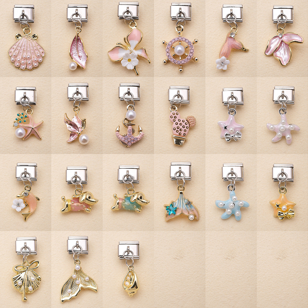 Wholesale Ocean Elements Stainless Steel Charm Pendants DIY Bracelet Accessories Pink Blue