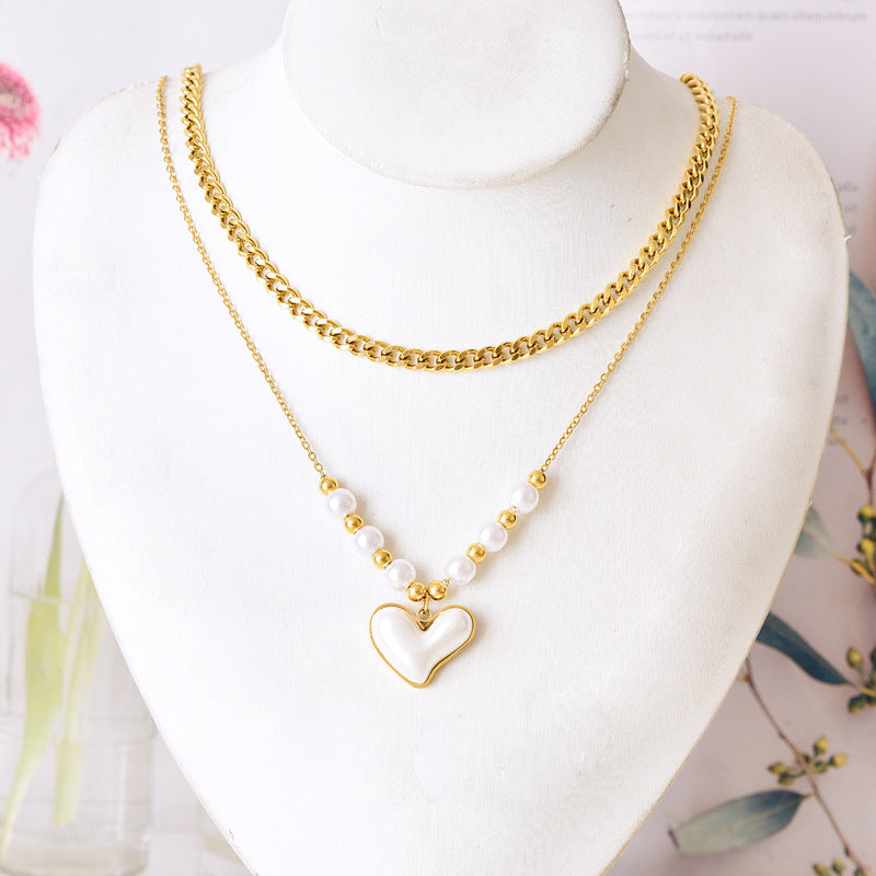 Wholesale Titanium steel color protection double-layer Pearl Heart cross necklace