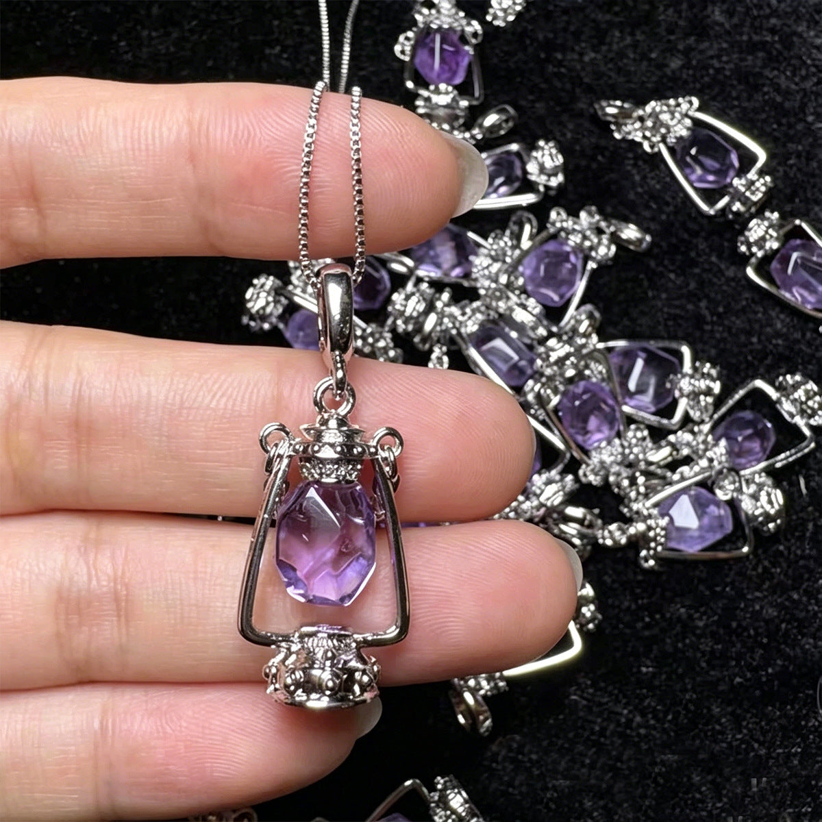 Wholesale Vintage Lantern Pendant Necklace Natural Amethyst Women  Retro Jewelry Gift