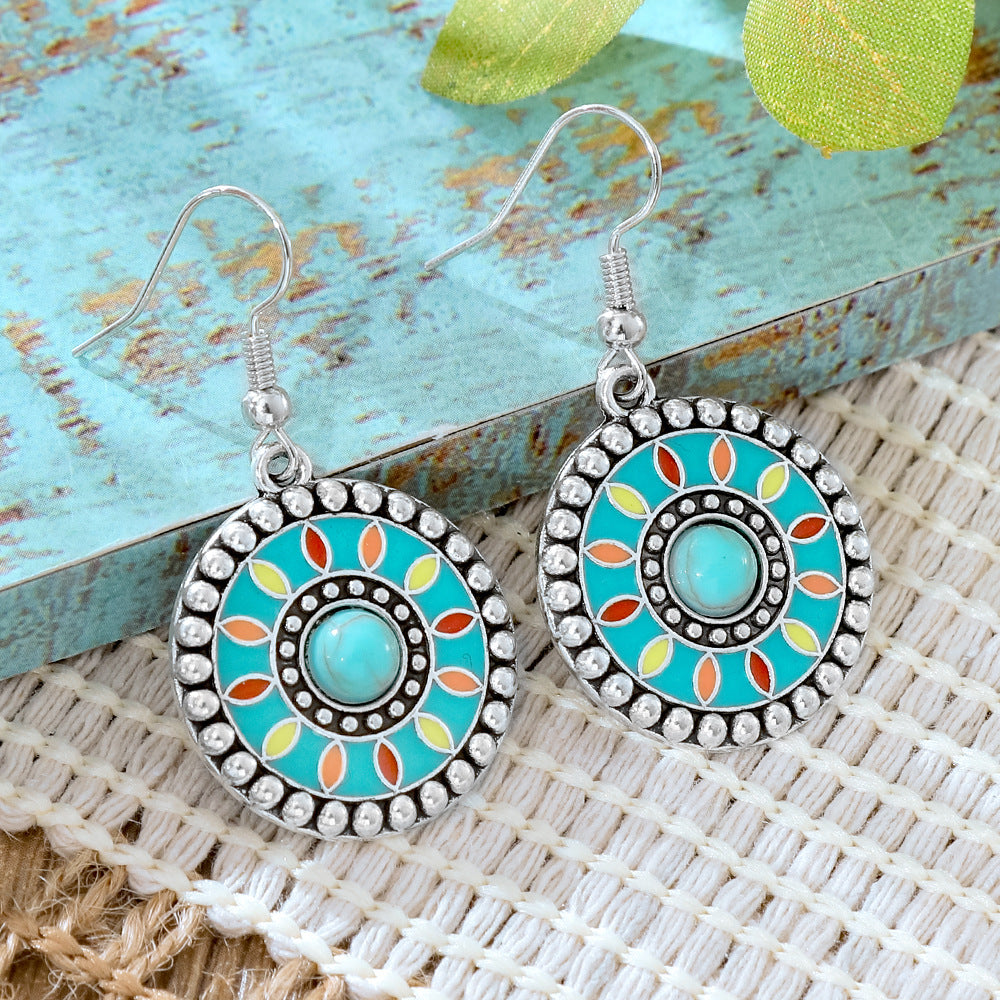 Wholesale Alloy Retro Ethnic Turquoise Bohemian Geometric Oil Drip Earrings Jewelry Accessory