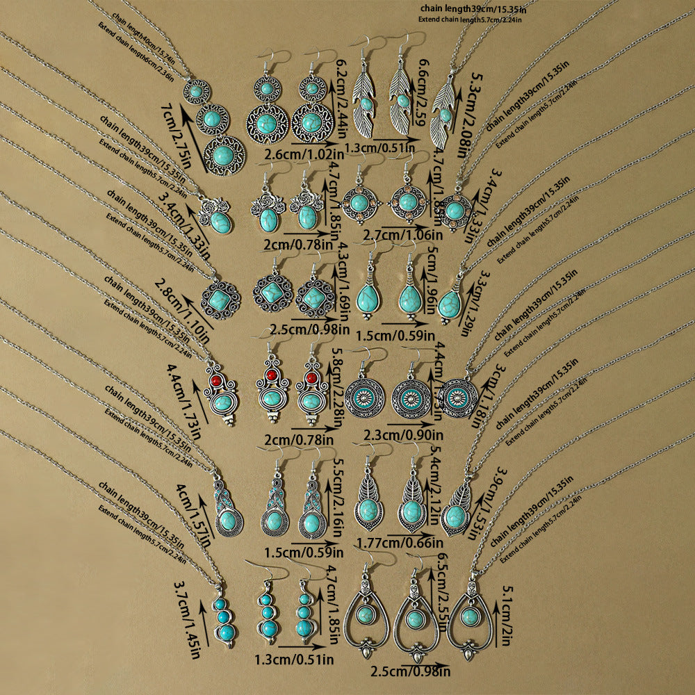 Wholesale Bohemian Vintage Earrings and Necklace Set Turquoise Drop Pendant Jewelry Accessory