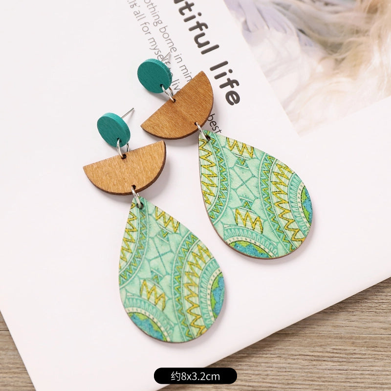 Wholesale Bohemian Wooden Ear Studs Geometric Stripe Ethnic Print Fashion Jewelry Accessory Boutique Gift