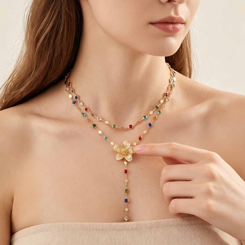 Wholesale Fashion Flower Tassel Layered Necklace Set Chic French Style Collarbone Chain Alloy Electroplated Jewelry Accessory For Party Gift